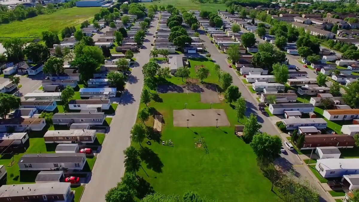 A fly over view of mobile home park