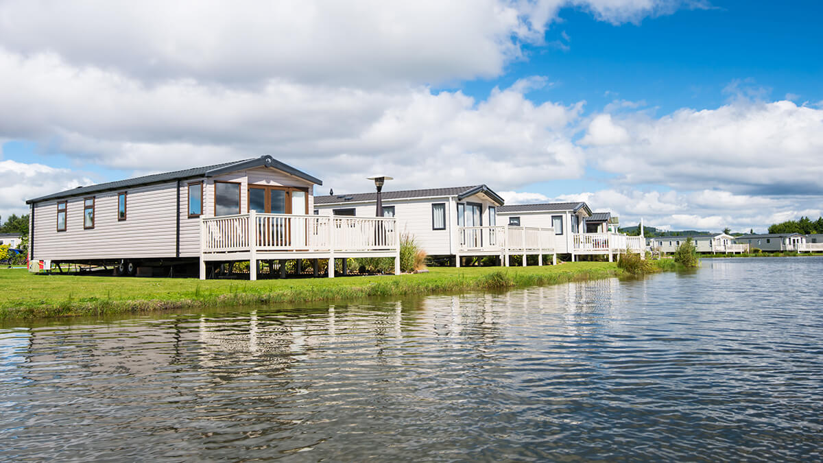 A mobile home park on a calm waterway