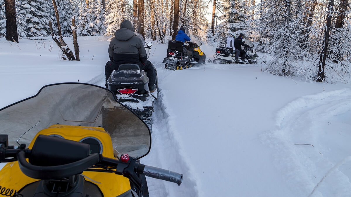 A group of snowmobilers following an established path