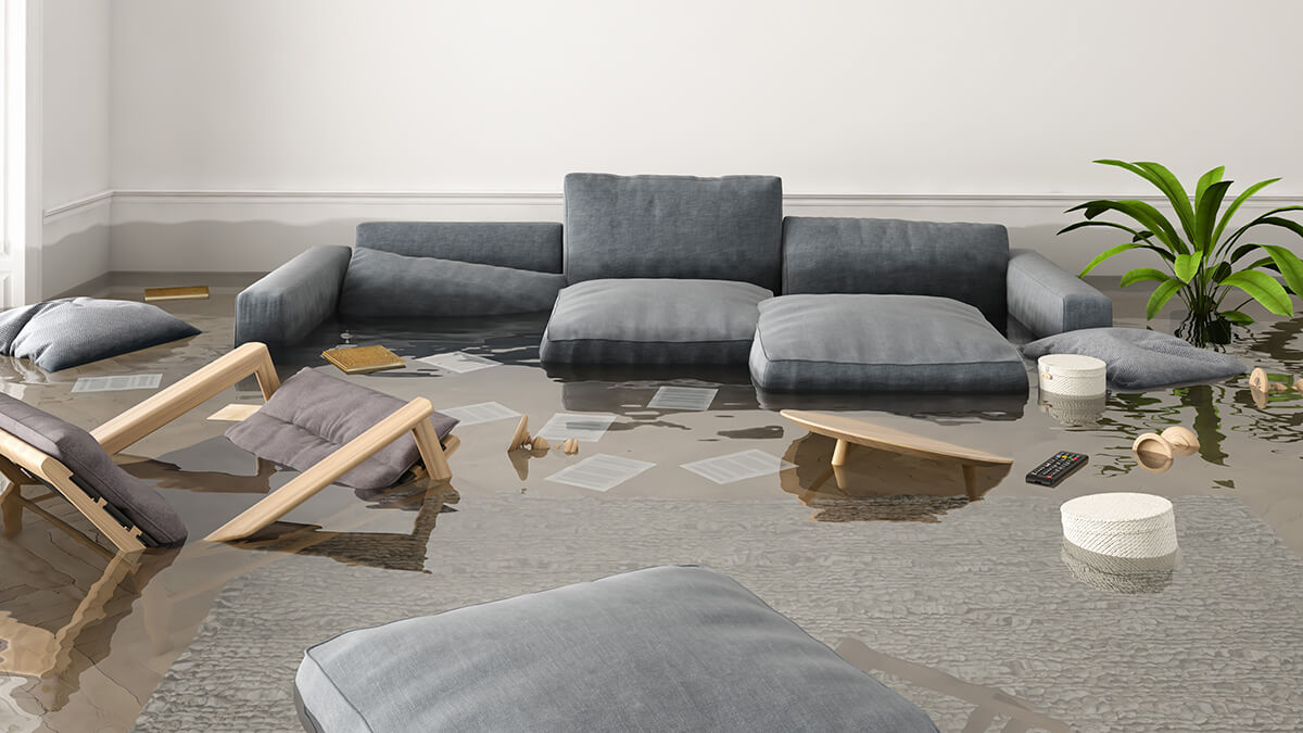 A living room flooded