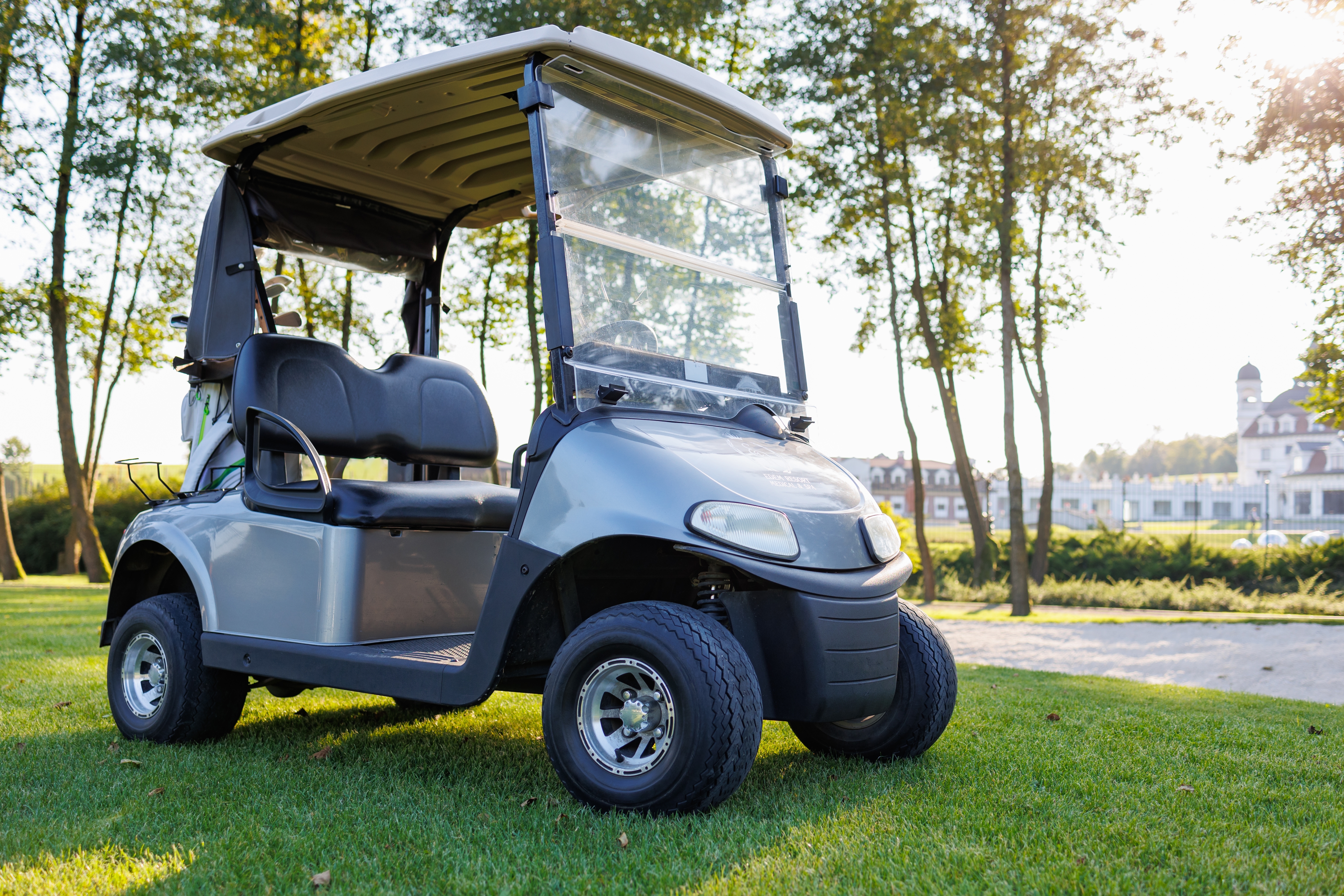 A golf cart parked on grass.