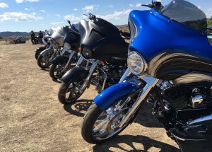 Parked motorcycles lined up with the Black Hills and blue sky in the background