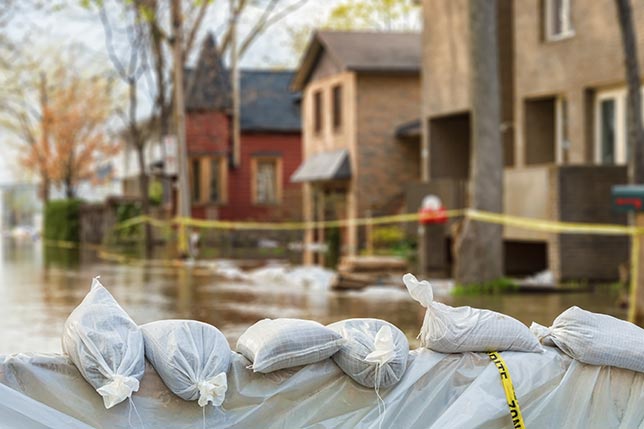 Sandbags protecting the homes in the background against the flooding aftermath