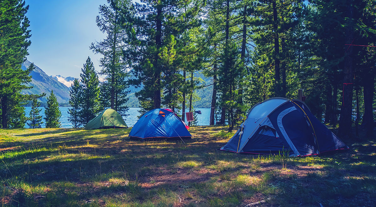 Three tents set up among tall trees next to a lake with mountains in the background.